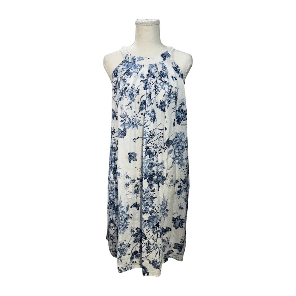 Italian Linen Trapeze Dress Ecru Blue Toile Floral Tie Neck Lined S/M Resort - Picture 2 of 14